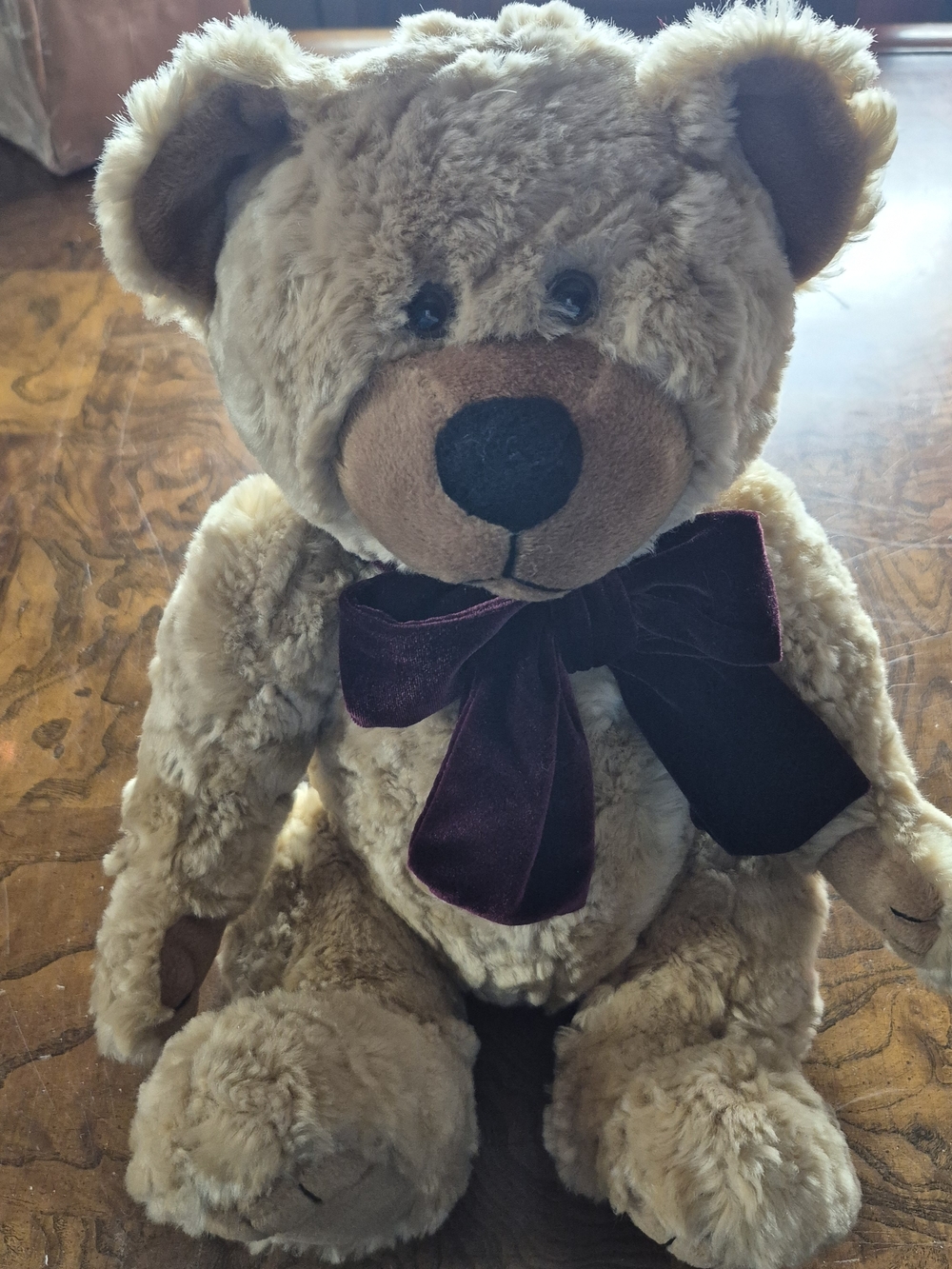Plush Teddy Bear with Maroon Velvet Bow - Soft Brown Kids Toy